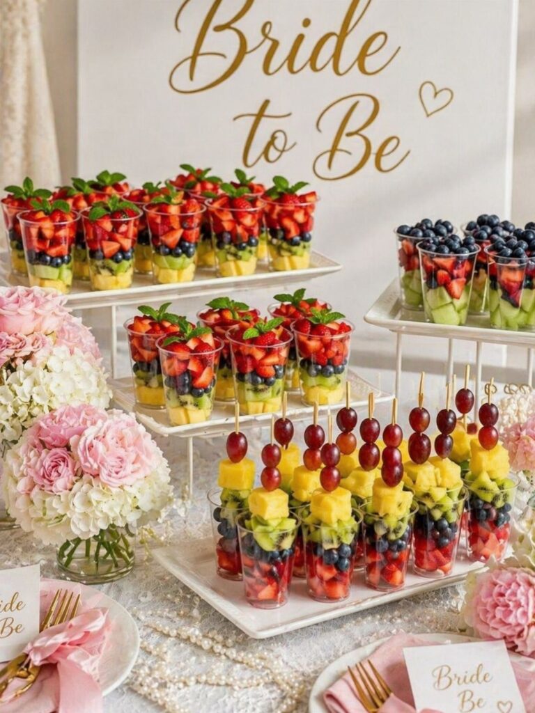 Fruit parfaits and skewers on a white table with pink flowers and bridal signage.