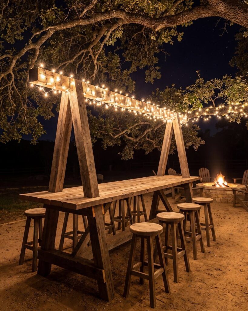 Wooden outdoor table with string lights and a stone fire pit at night.