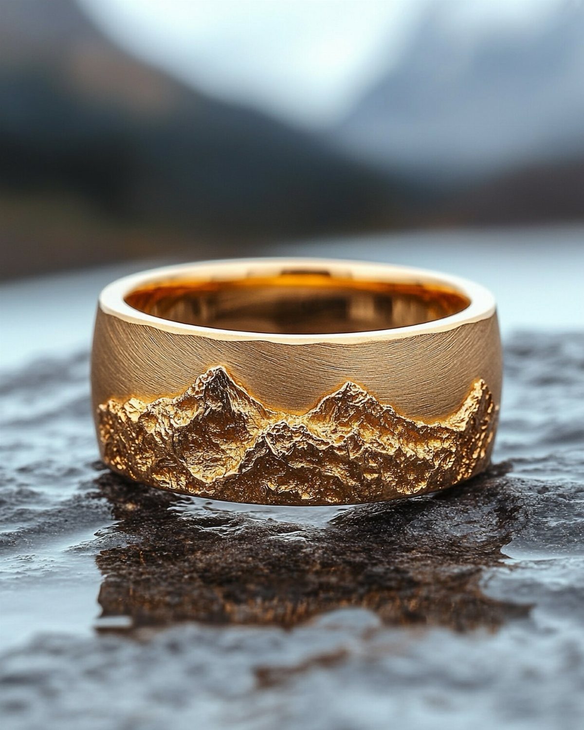 Gold wedding ring with a textured mountain range design on dark wet stone