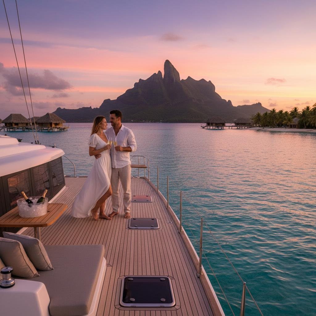 Couple in white standing on a luxury yacht deck overlooking Bora Bora at sunset