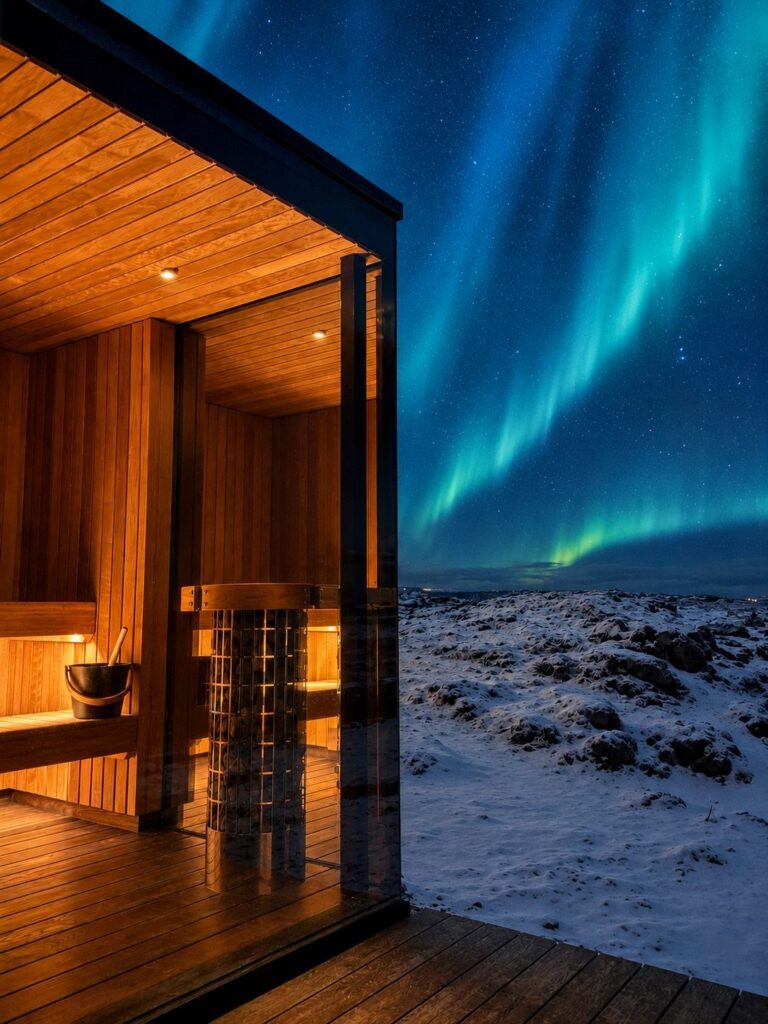 Modern wooden sauna overlooking a snowy landscape under the green Northern Lights.