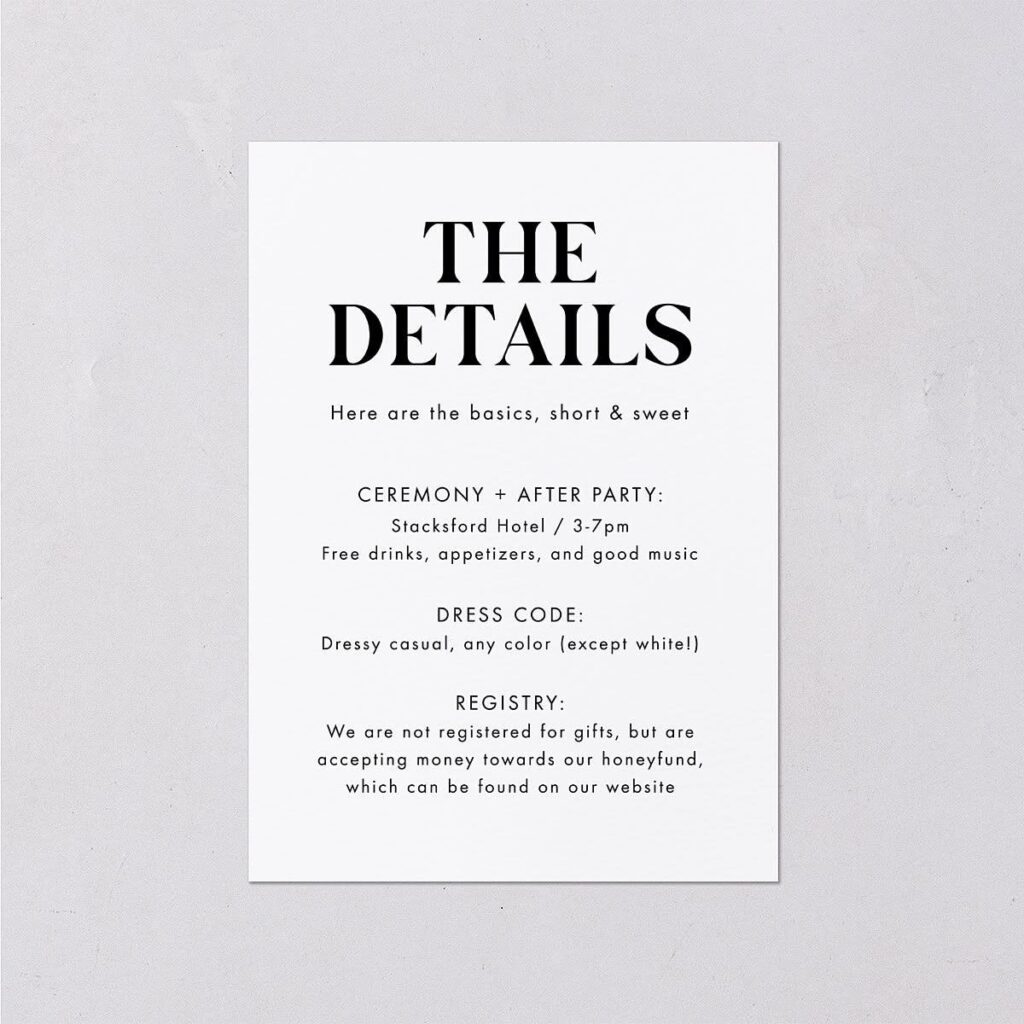 Wedding details card with text mentioning a honeyfund registry on a wedding website.