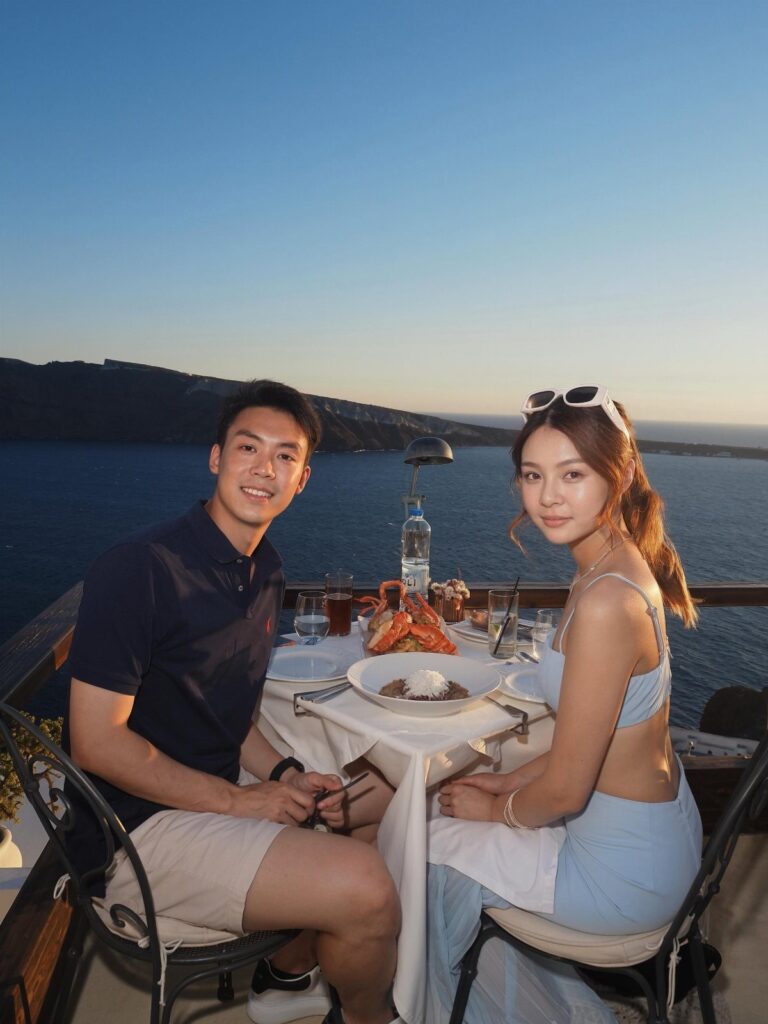 Couple dining at a white table overlooking the blue Santorini caldera sea.