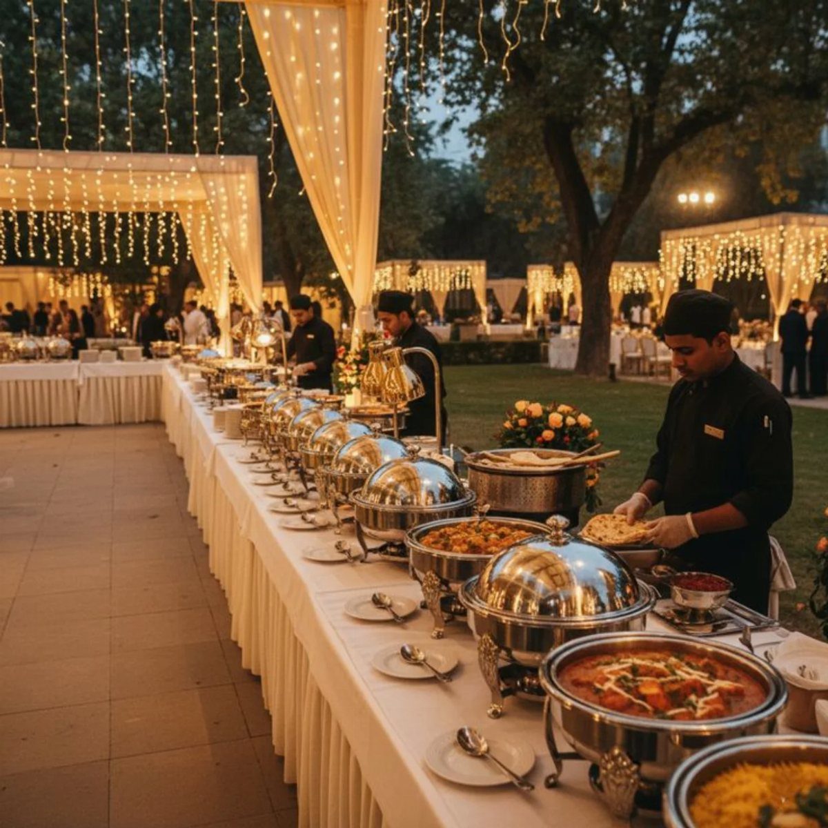 Outdoor wedding buffet with silver chafing dishes and chefs under fairy lights.