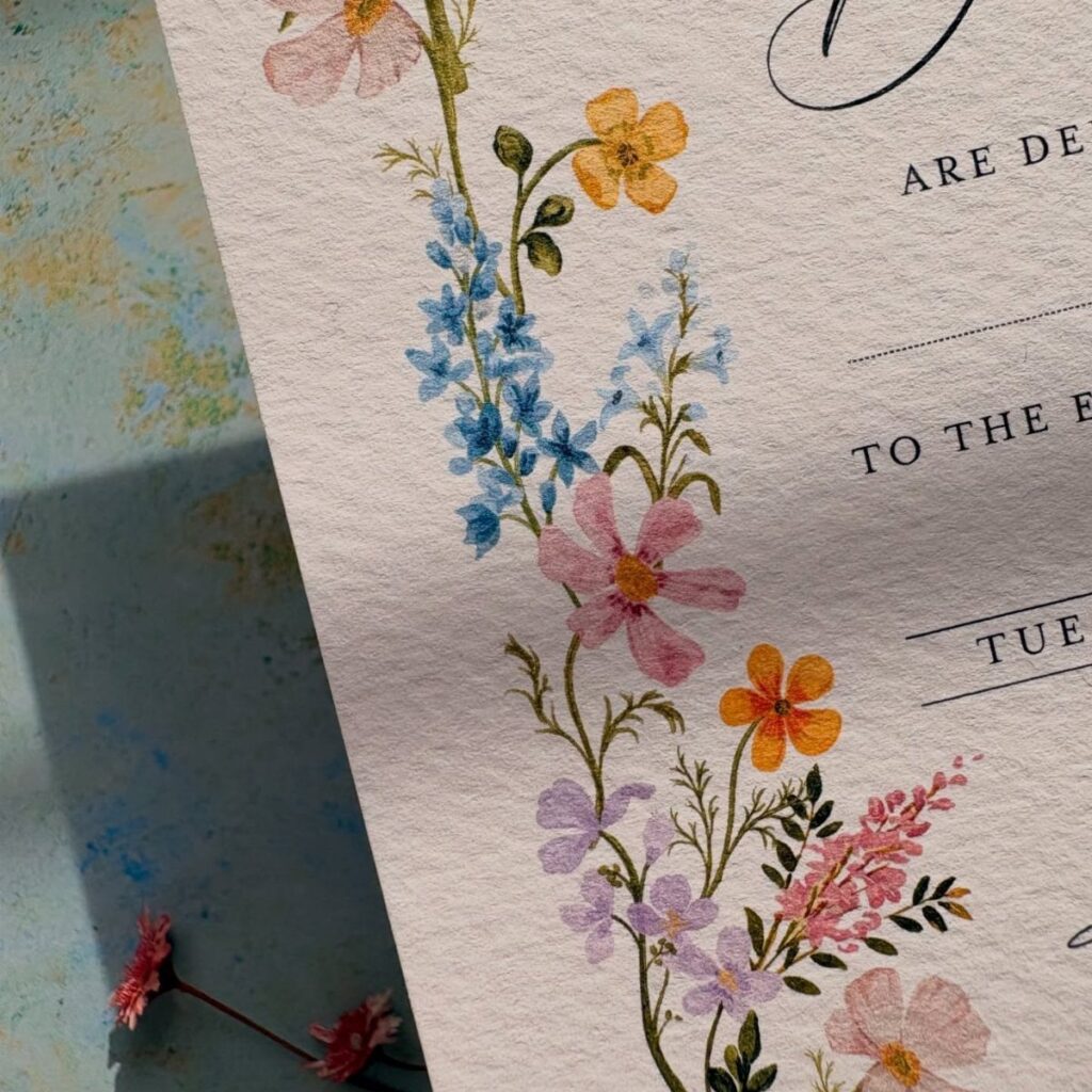 Wedding invitation with colorful watercolor spring flowers and elegant black typography on textured paper