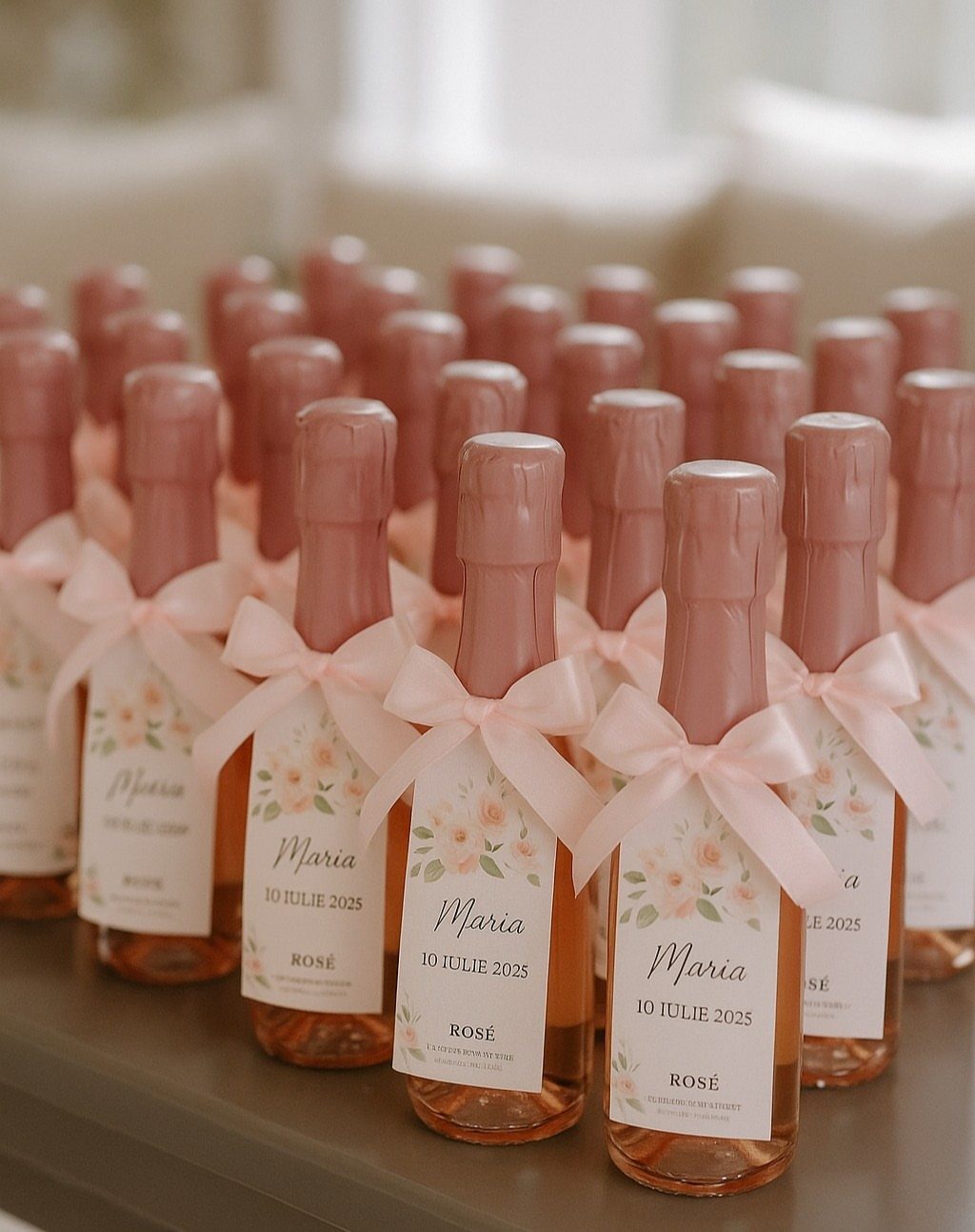 Small rosé wine bottles with pink bows and personalized floral labels for weddings.