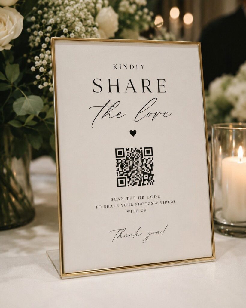 Gold-framed wedding sign with QR code for photo sharing among white flowers.