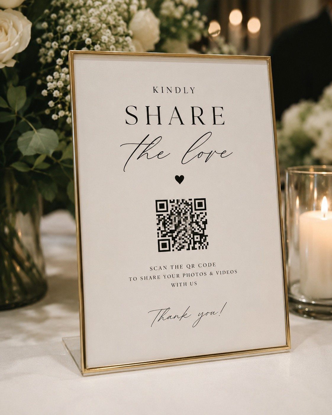 Gold-framed wedding sign with QR code for photo sharing among white flowers.