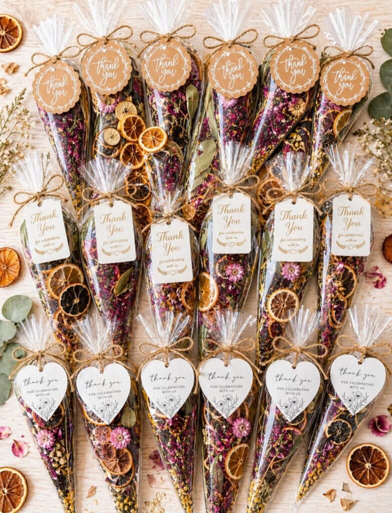 Cone-shaped bags of dried petals and citrus slices with thank you tags.